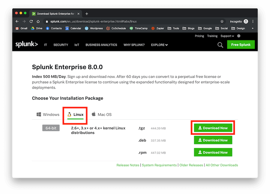 Splunk’s page with various OS downloading options